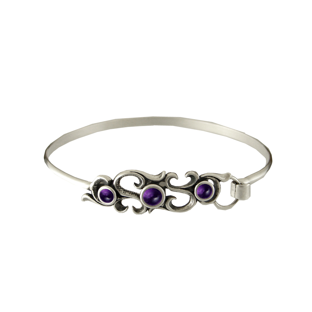 Sterling Silver Victorian Strap Latch Spring Hook Bangle Bracelet with Amethyst